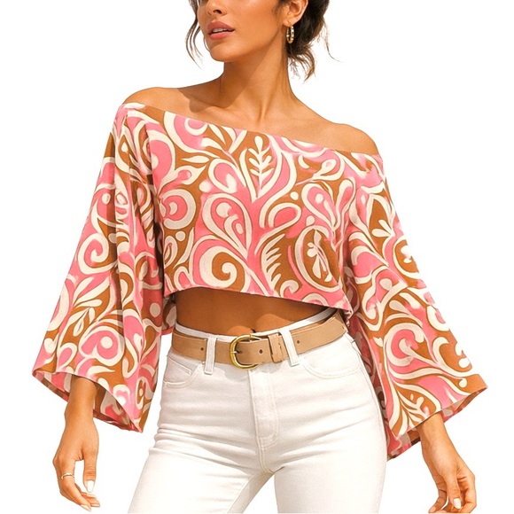 FBC Studio Tops - Linen Boho Retro Print Crop Top | Pink & Tan Off-Shoulder Wide Sleeve Blouse